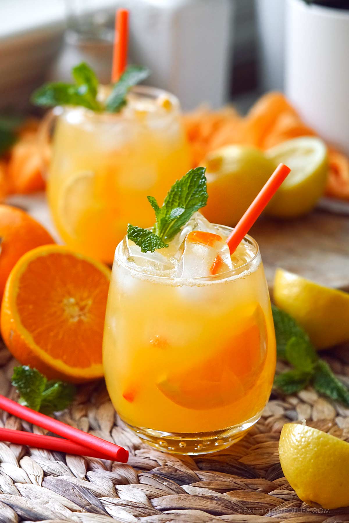 Orange Lemonade (Orangeade) Served over ice in a large glass.