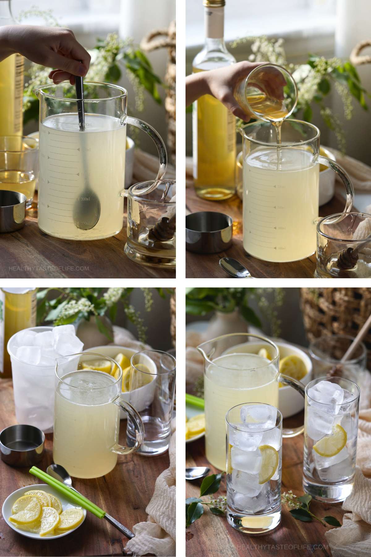 Step-by-step photos showing hot to make an elderflower lemonade.