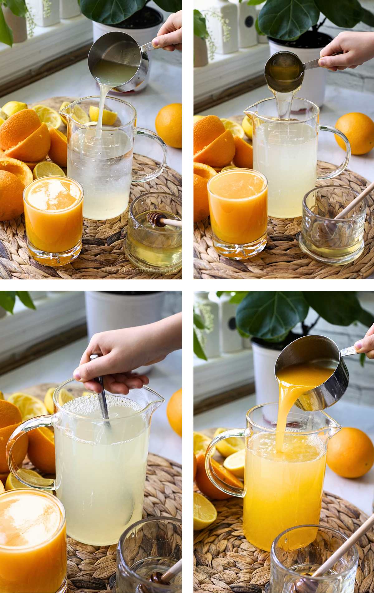 Process shots showing how to make orange lemonade recipe aka orangeade.