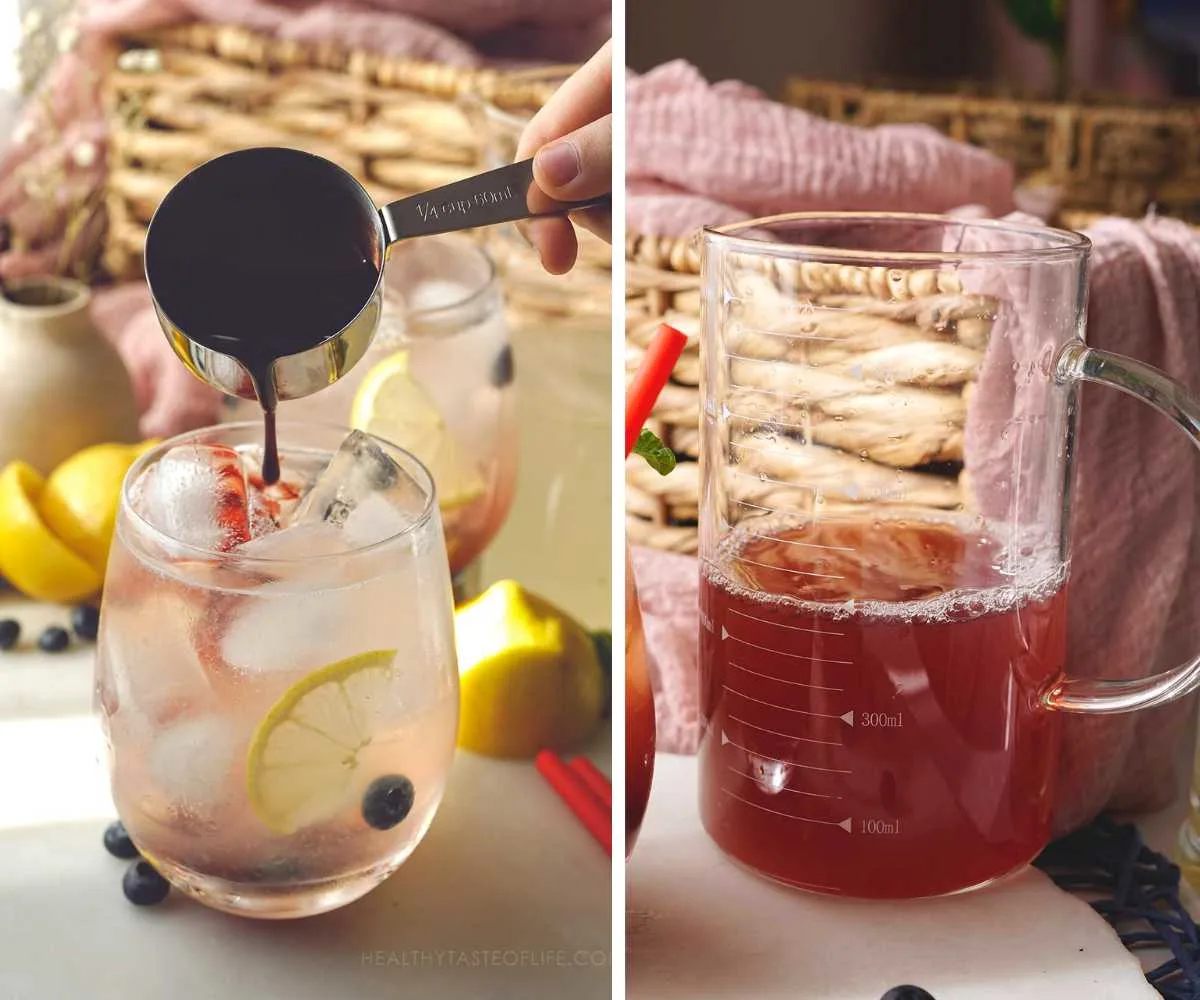 Process picture showing 2 ways to incorporate elderberry syrup into lemonade.