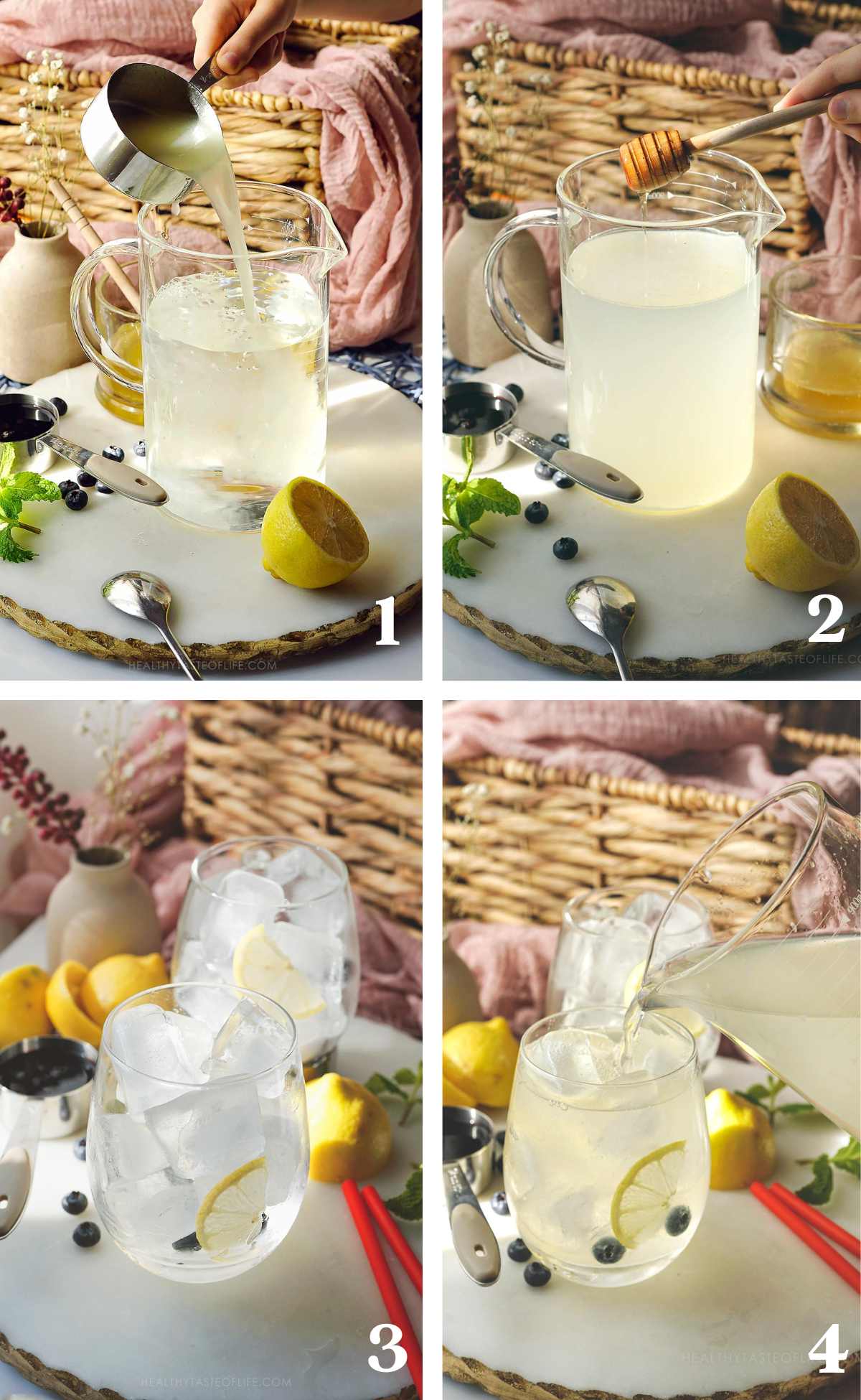 Process images showing steps how to make elderberry lemonade.