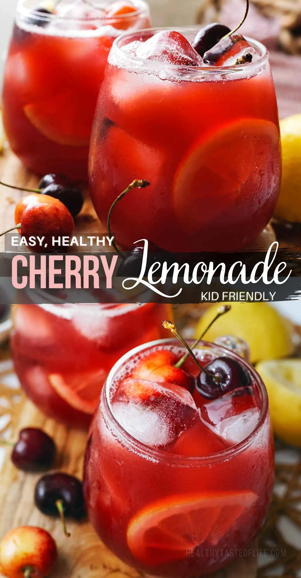 Relish the taste of summer with this easy fresh Cherry Lemonade Recipe. It combines freshly squeezed lemons and ripe cherries. This cherry lemonade is truly summer in a glass, perfectly balancing sweet and tart, it's the ideal thirst-quencher for hot days. Easy to make and adaptable, you either make the cherry juice yourself or use a bottles black or tart cherry juice. #cherrylemonade #cherry #lemonade #recipe #summer #drink
