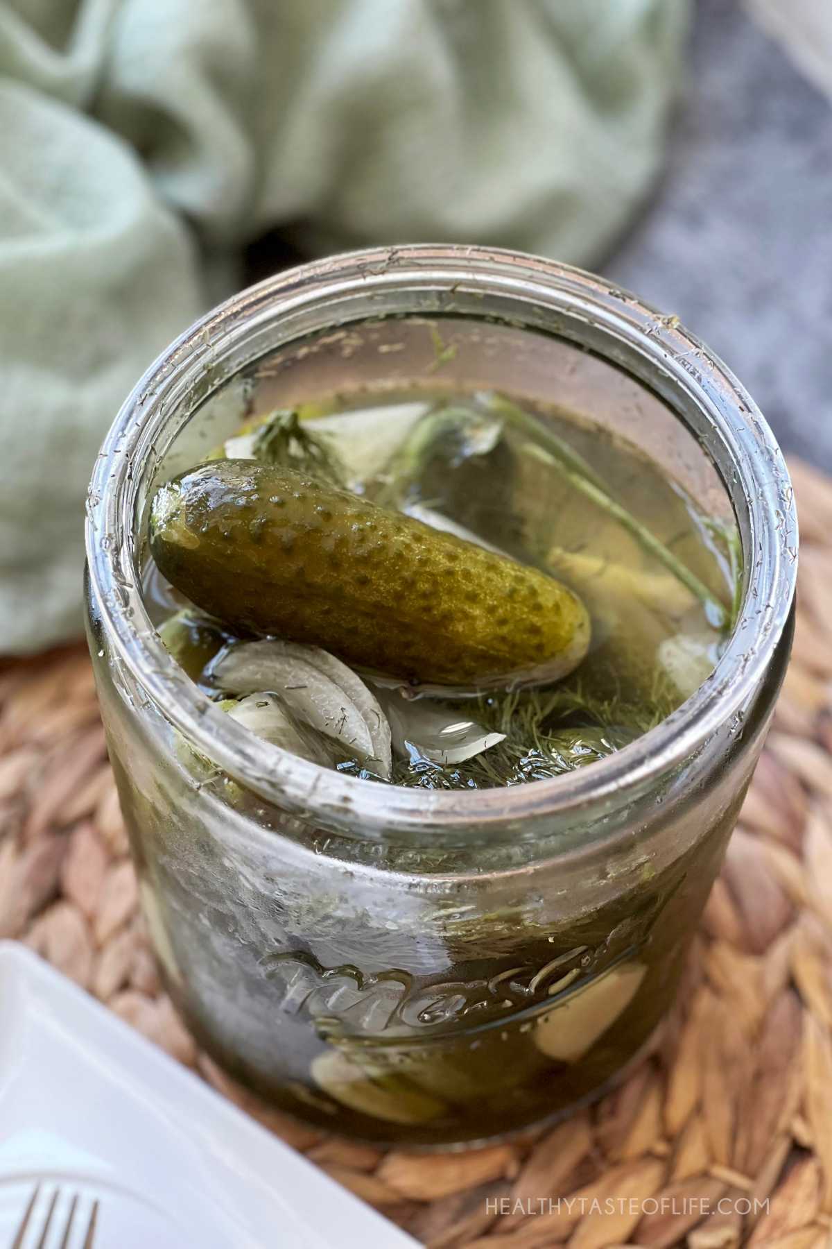 Lacto fermented cucumbers pickled in salt brine without vinegar