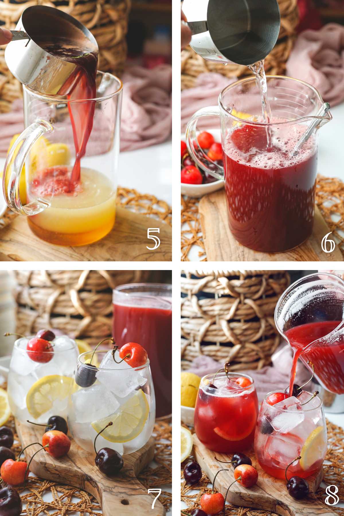 Process pictures showing how to assemble the cherry lemonade and serve!