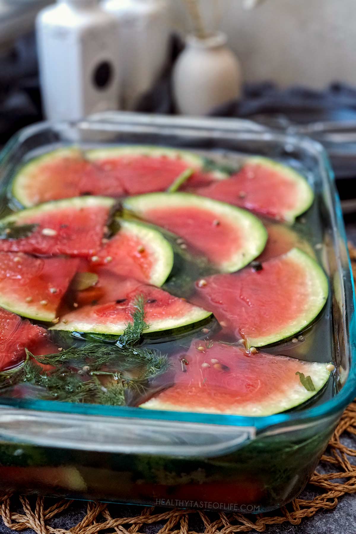 Picture showing the final result, how the fermented watermelon should look like when ready.