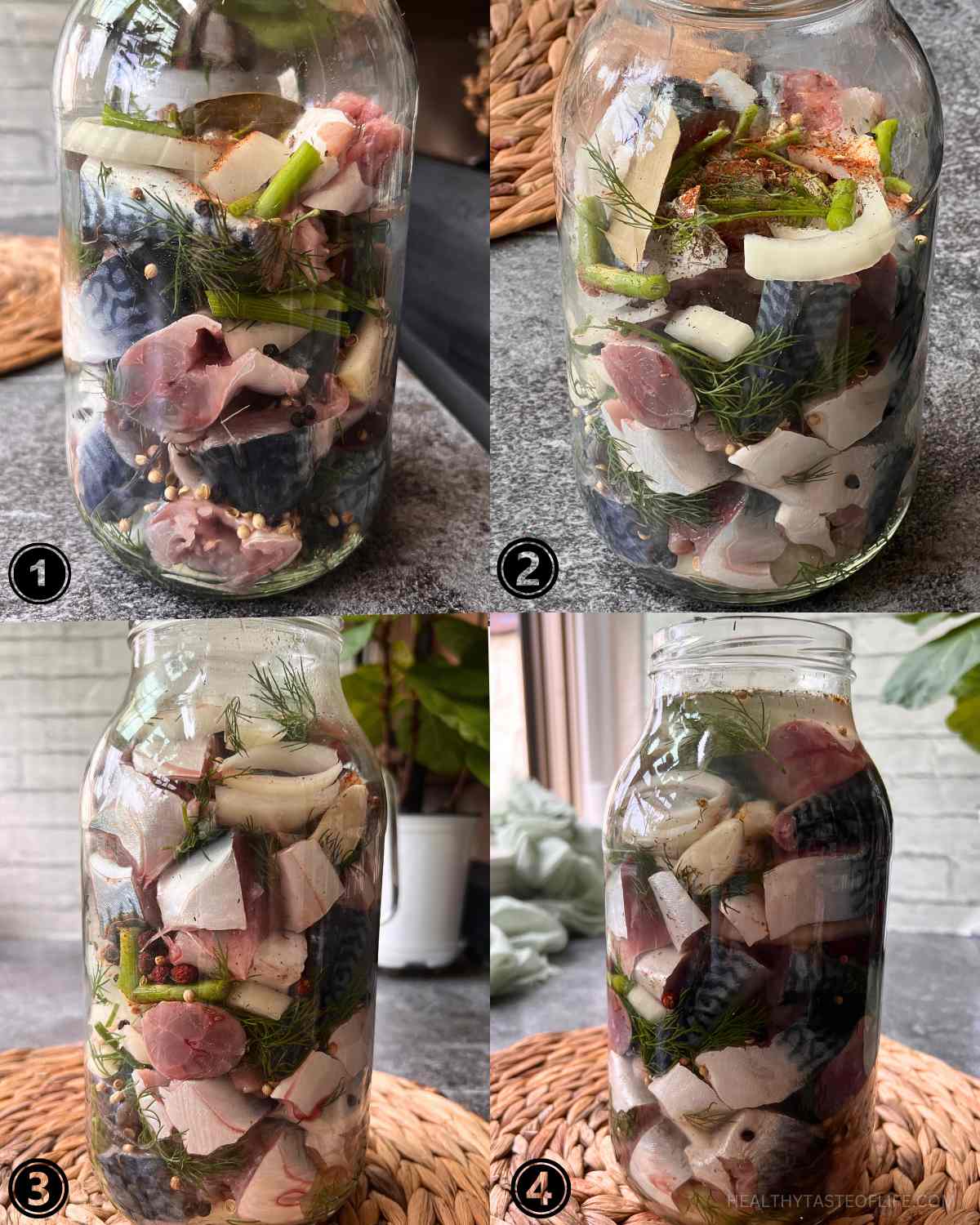 Process photo showing steps how to arrange the fish along with seasoning in a jar for fermentation.
