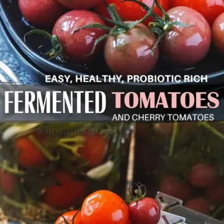 Make tasty tangy fermented tomatoes at home. Whether you're curious about fermenting tomatoes, want a real lacto-fermented recipe beneficial for gut health, or need new ways to keep tomatoes fresh, this guide is for you. Start with fermented cherry tomatoes as it's easier and progress to larger ones once you feel more confident. Learn the perks and steps of this old-timey way to preserve tomatoes. #Fermentedtomatoes #recipe