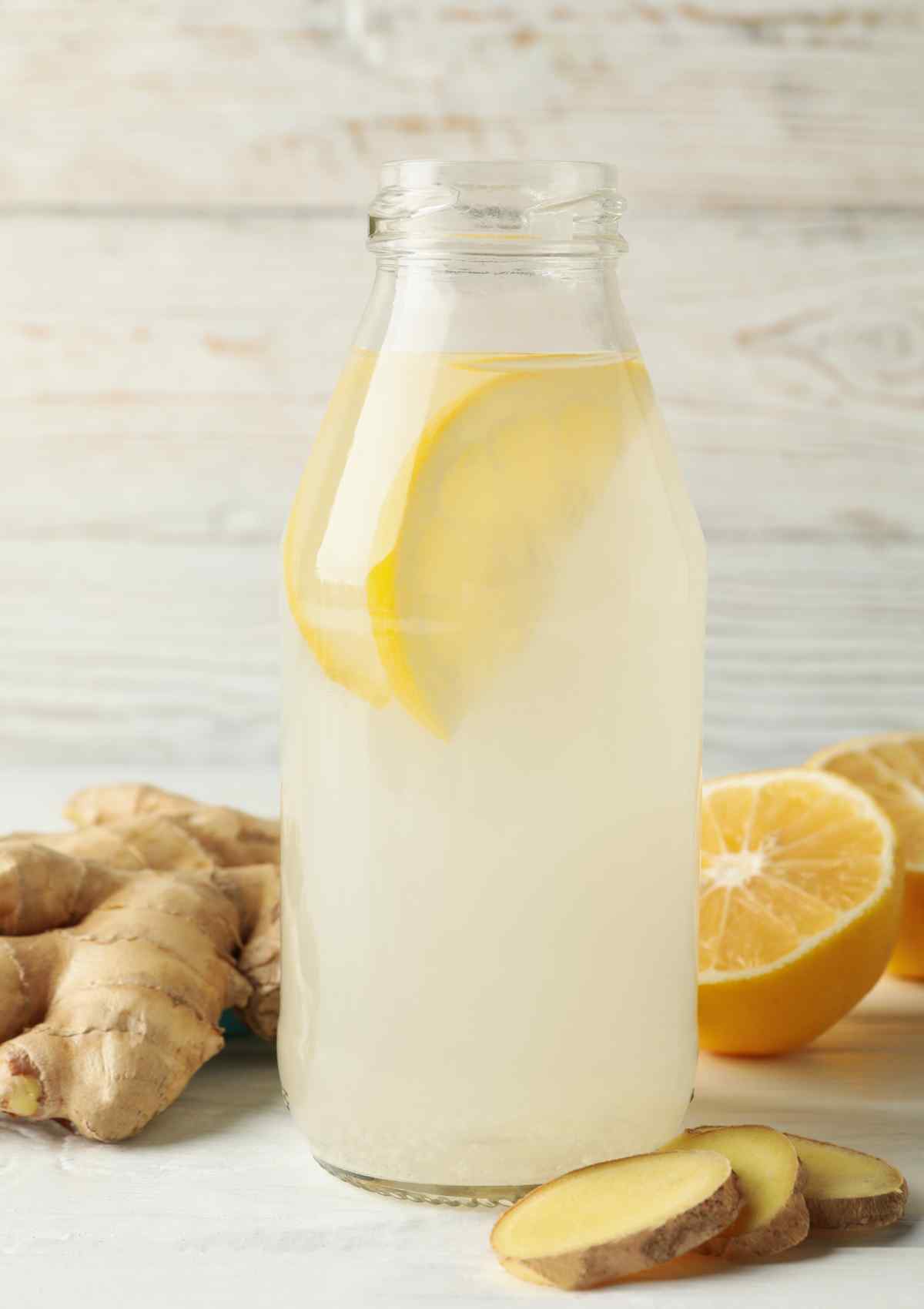ginger water in a glass bottle ready to be stored.