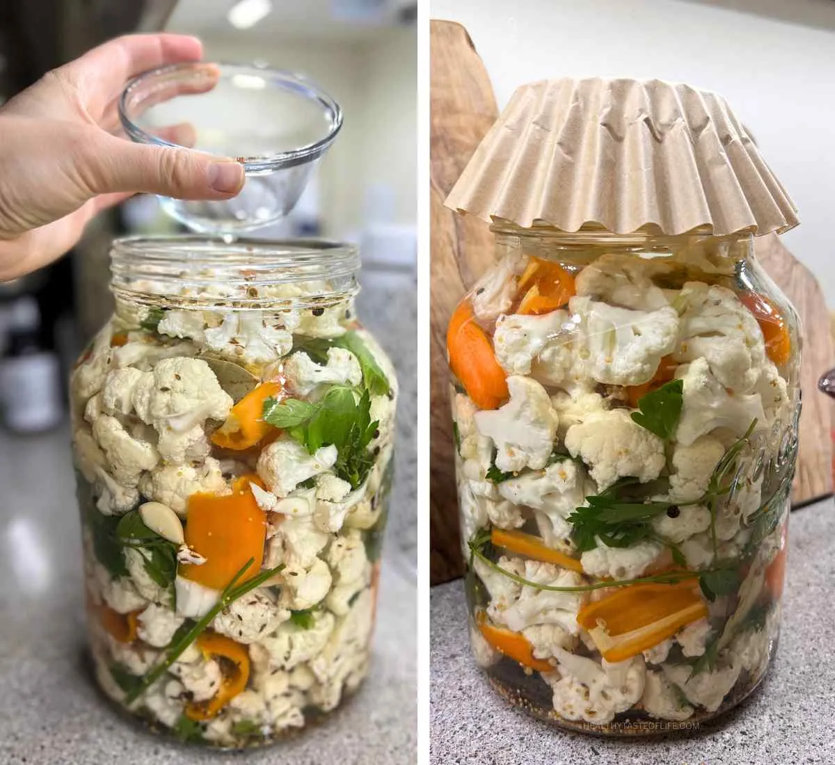 Picture showing a tip by placing a heavy glass cup or weight to keep the cauliflower under the brine in the jar.