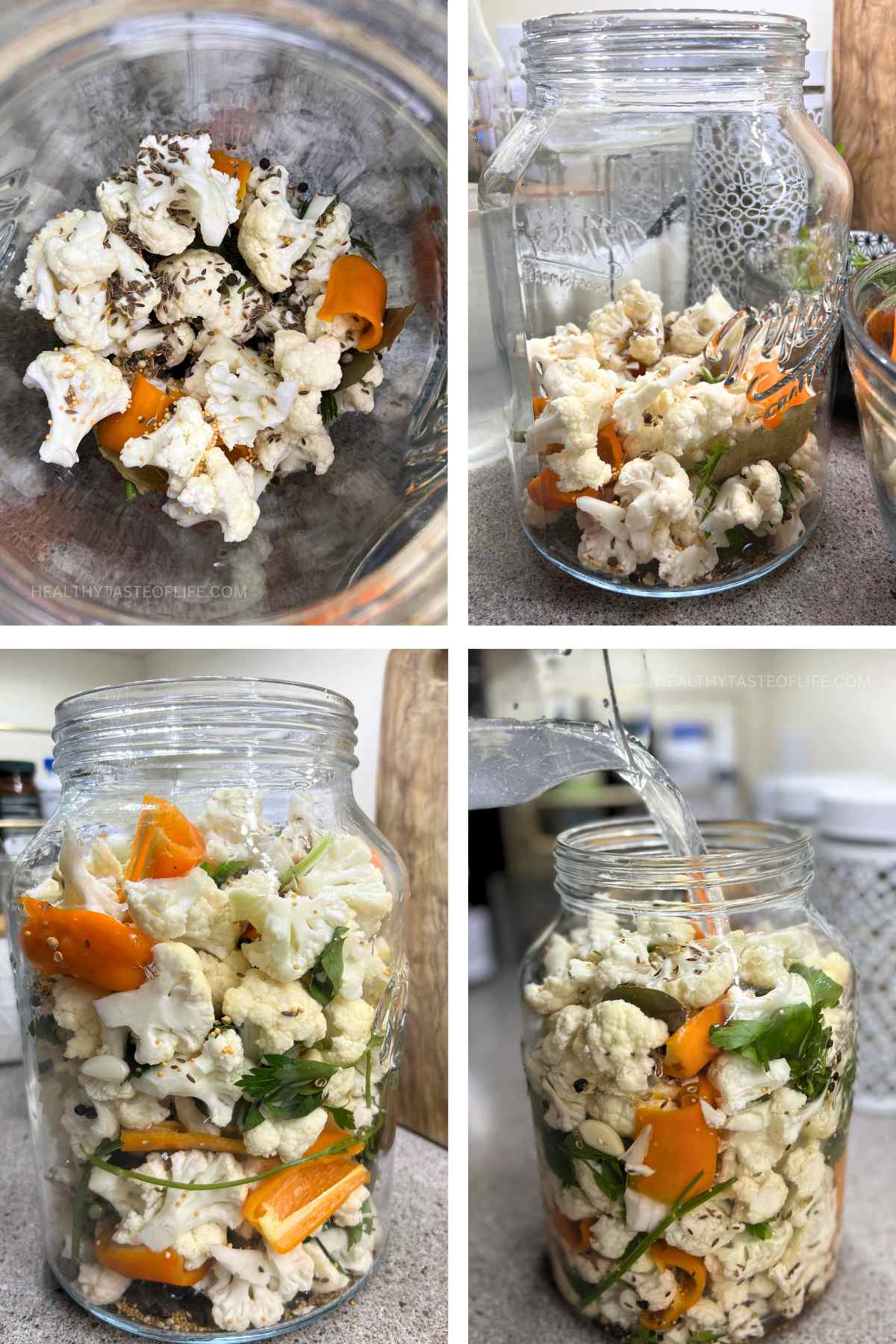 Image showing steps on how to arrange cauliflower in a jar to ferment.