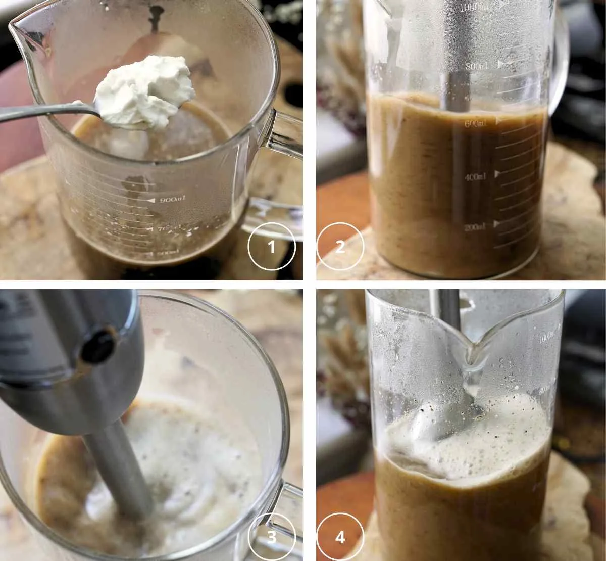 Process pictures showing how to make herbal coffee recipe with coconut cream ans sweetener.
