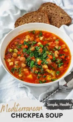 Simple Mediterranean Chickpea Soup - a comforting and wholesome recipe that combines the bold tastes of Mediterranean cuisine with the simplicity of a vegetable soup. This Mediterranean chickpea soup is perfect for those looking for a healthy, straightforward dish that is flavorful yet easy to prepare. Made with organic chickpeas, fresh zucchini, and various vegetables, along with a mix of fragrant spices, this soup is both fulfilling and nutritious.