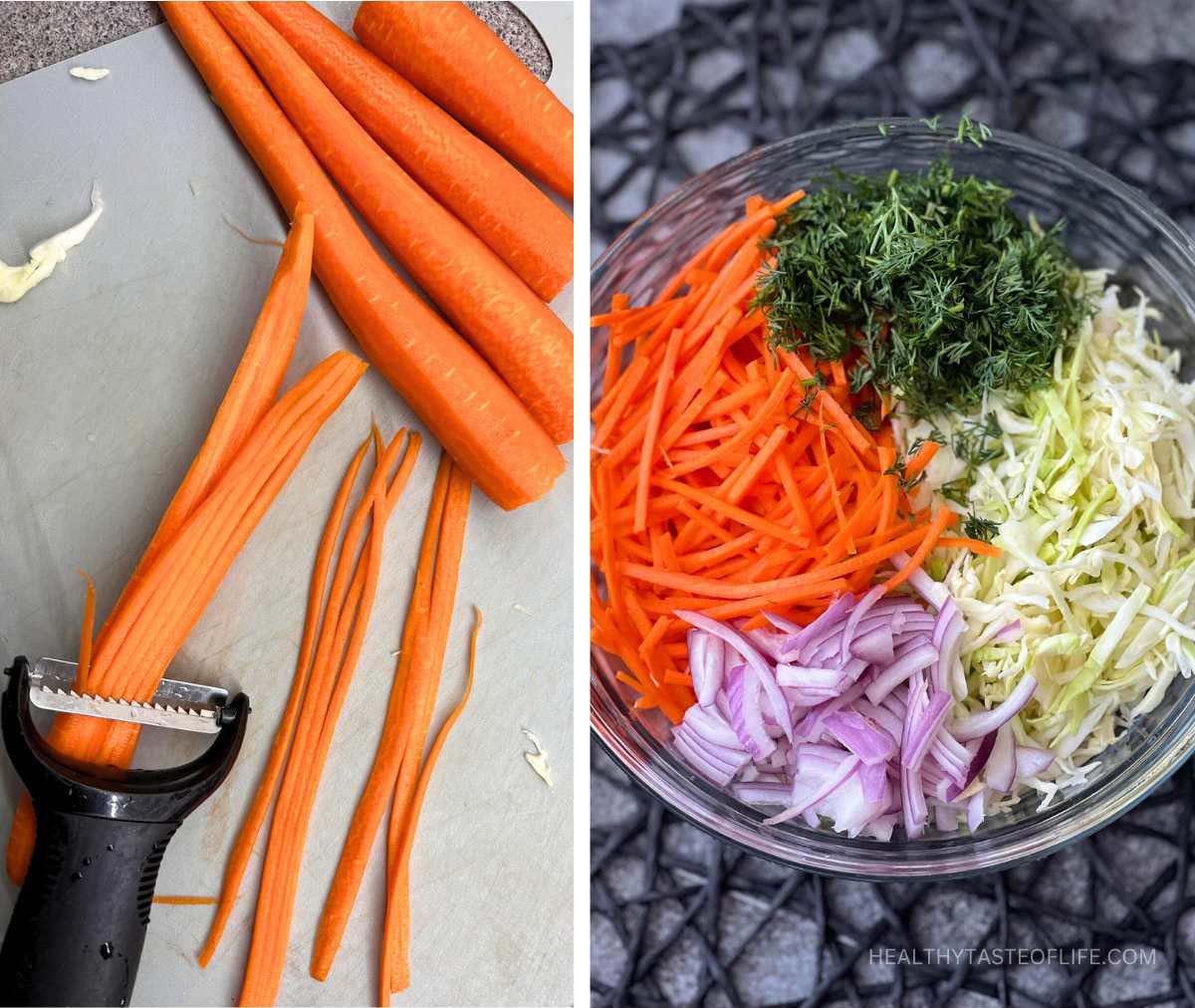Prepared ingredients for the salad gathered in a bowl, also showing how to julienne carrots for this carto cabbage salad.