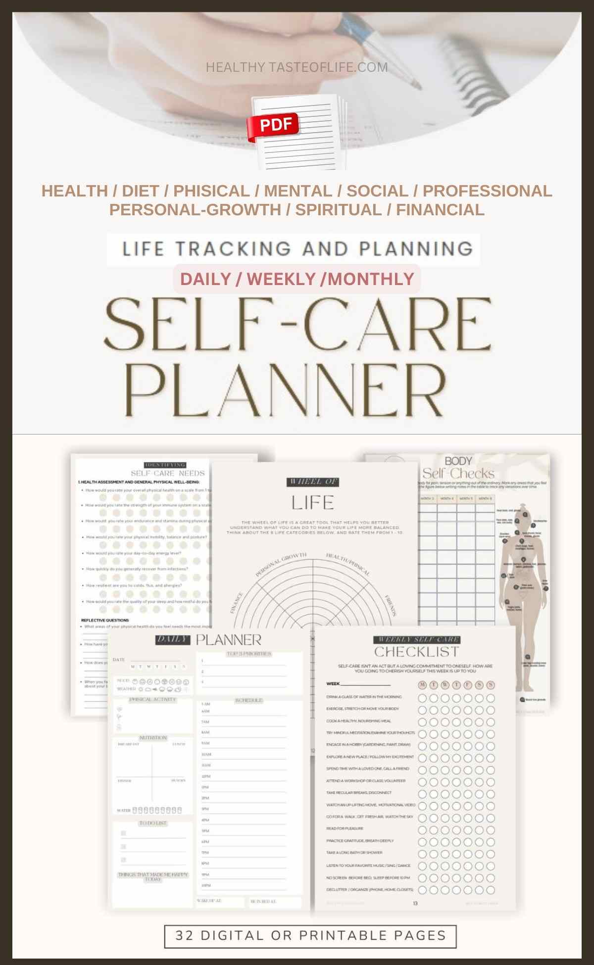 PDF Self-care planner (32 pages total) - instant download. This planner can be printed, or used as a digital self-care planner - in a note taking app. This self-care life planner (it's more like an all-in one journal) includes a holistic approach, covering physical, mental, emotional, personal development, spiritual, professional, financial and social goal setting and tracking. Includes checklists with self-care activities, planners, reflective questions, tracking tables, and detailed self-care review / overview on daily, weekly and monthly basis. 