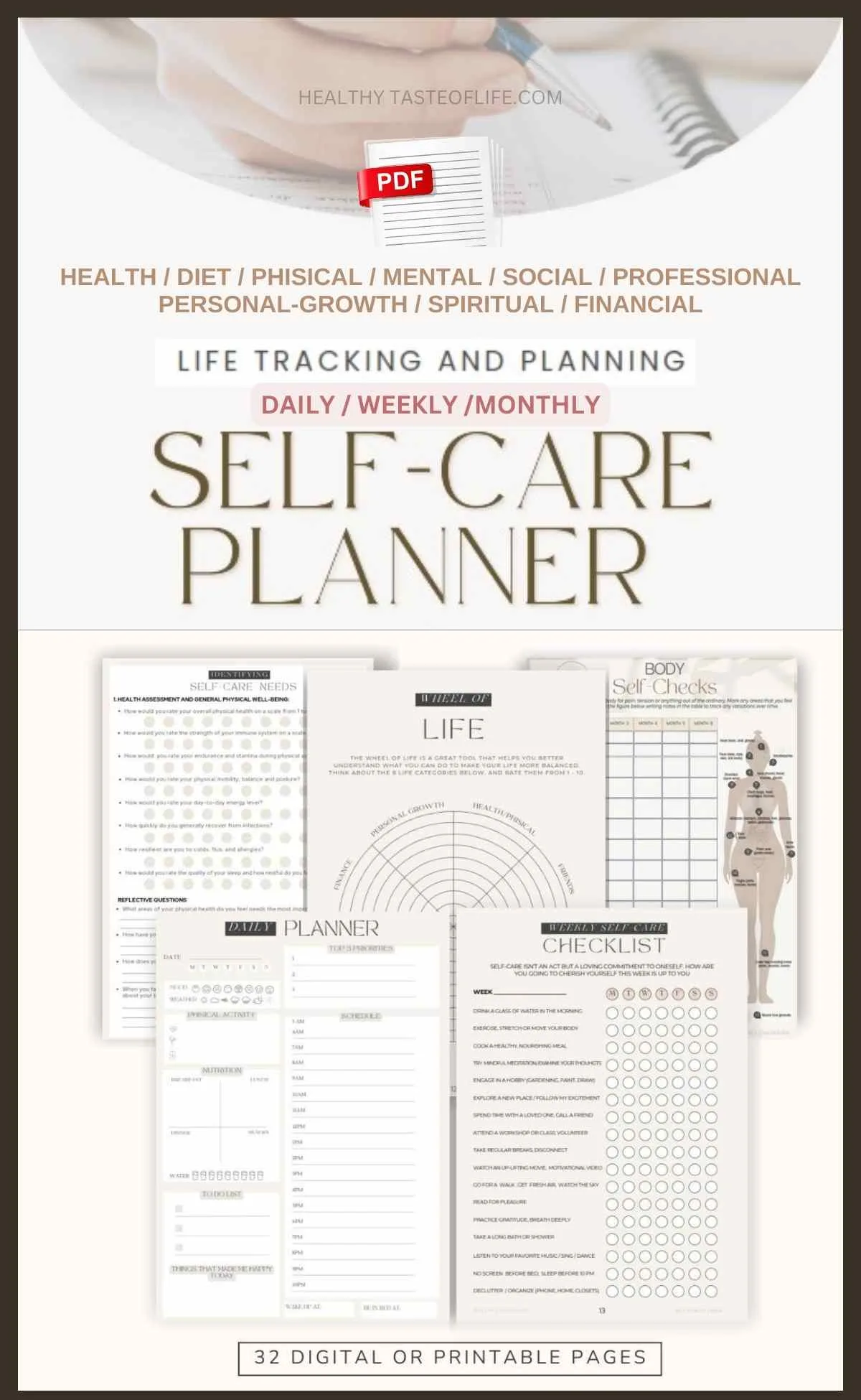 PDF Self-care planner (32 pages total) - instant download. This planner can be printed, or used as a digital self-care planner - in a note taking app. This self-care life planner (it's more like an all-in one journal) includes a holistic approach, covering physical, mental, emotional, personal development, spiritual, professional, financial and social goal setting and tracking. Includes checklists with self-care activities, planners, reflective questions, tracking tables, and detailed self-care review / overview on daily, weekly and monthly basis. 