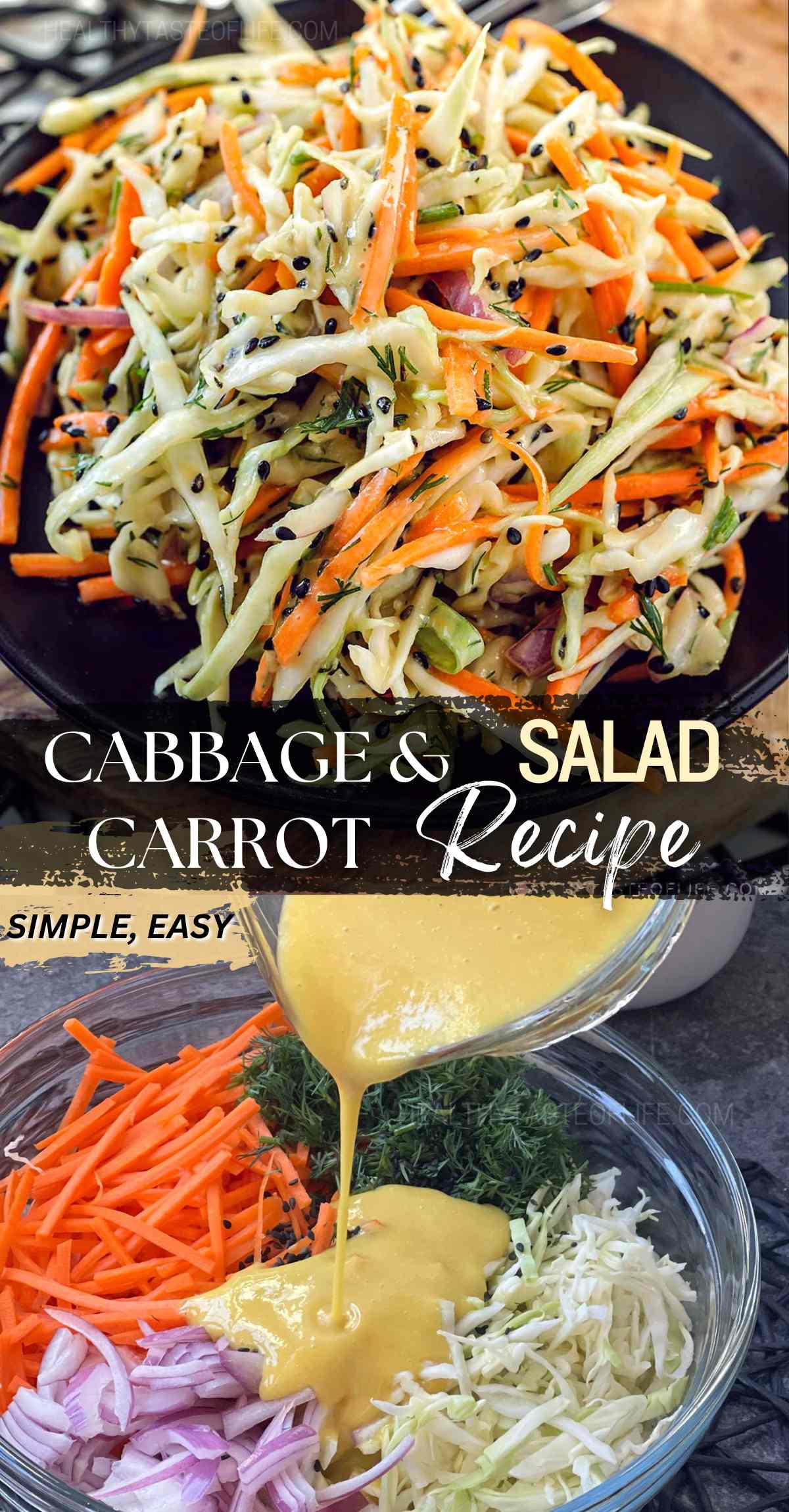 This easy simple cabbage and carrot salad recipe features crisp shredded green cabbage and sweet julienned carrots, all brought together with a creamy and tangy mustard dressing similar to a colesalw, making it a tasty and nutritious side dish for any meal. This carrot and cabbage salad goes well with any grilled meats or use it as a topping for tacos or sandwiches. 
