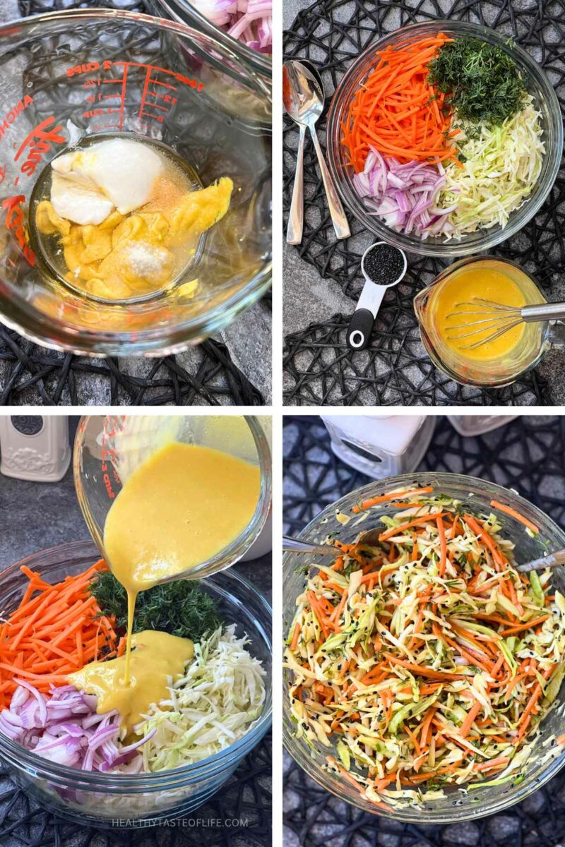 Set of pictures SHOWING Steps how to make cabbage and carrot salad.