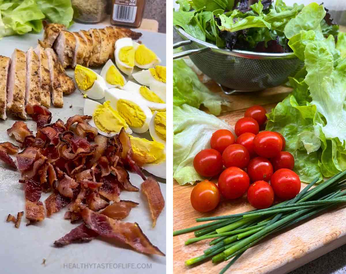 preparing the ingredients for the cobb salad