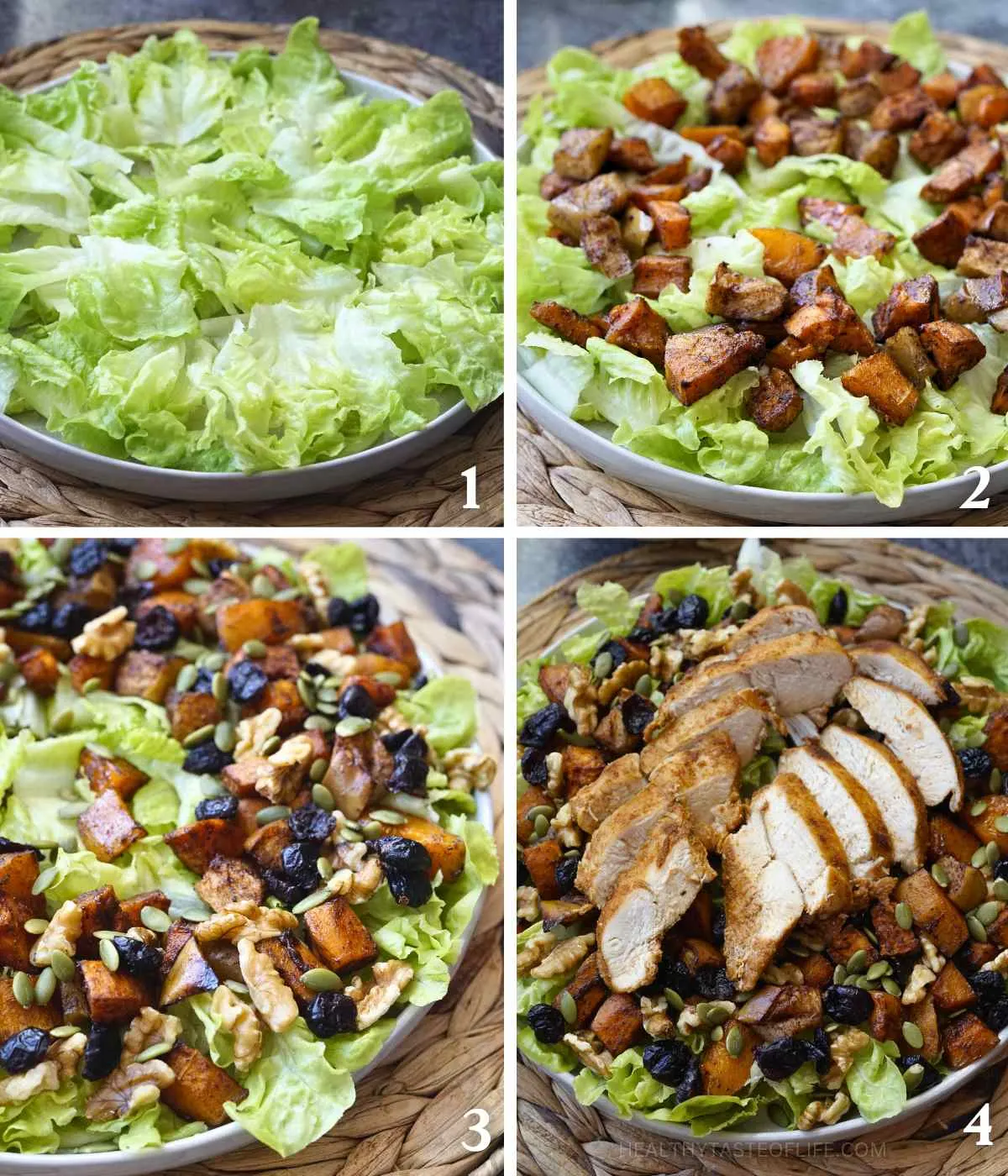 Process shots showing how to assemble the fall chicken harvest salad.