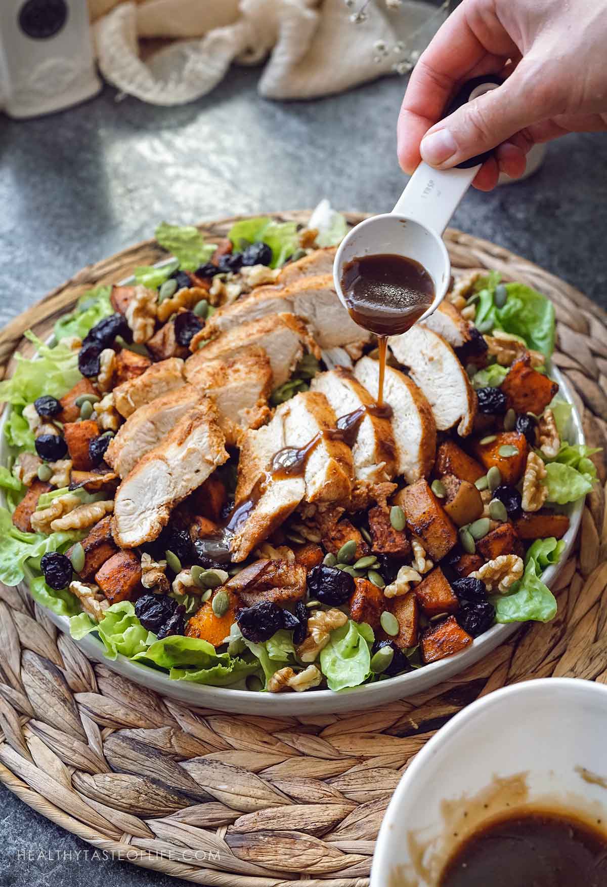 dressing the chicken harvest salad 