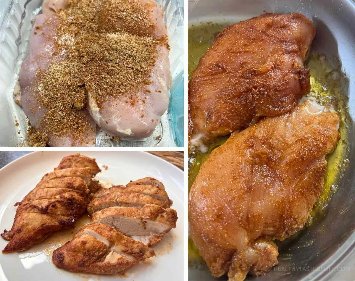 Process images showing how to prepare the chicken for harvest salad.