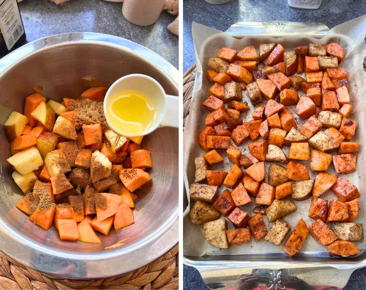 Roasting sweet potato butternut squash and apple.