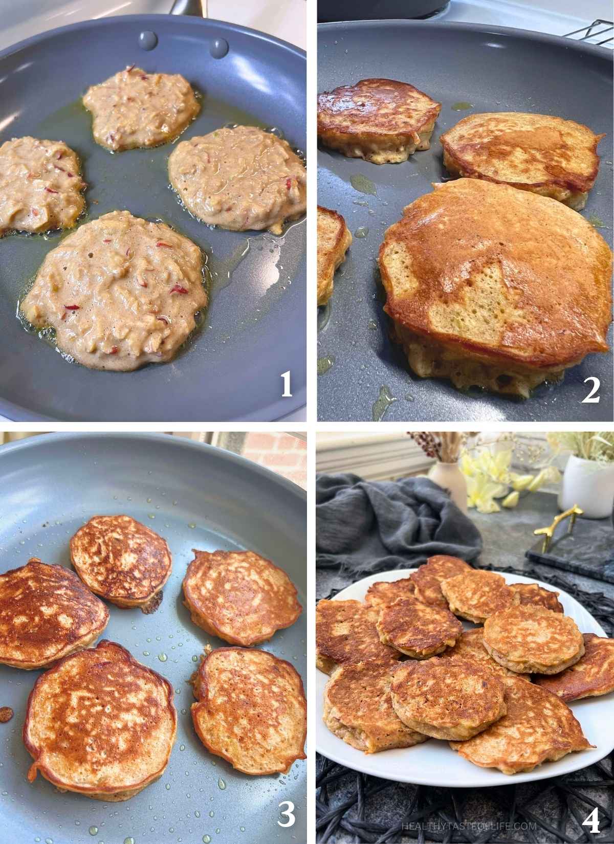 photo collage showing how to cook apple pancakes and their texture after