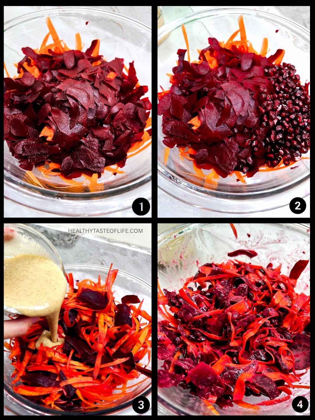 Process shots collage picture showing Steps to make this beet salad with carrot ribbons pumpkin seeds and pomegranate.