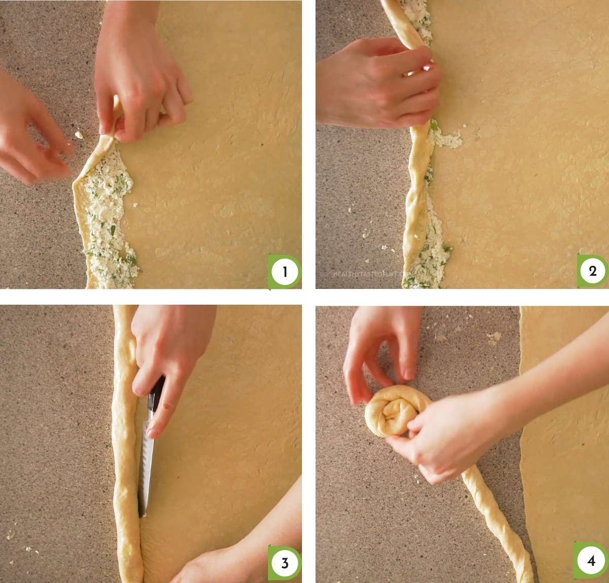 Rolling puff pastry paper-thin on a lightly oiled surface + thin layer of farmer’s cheese filling spread along a pastry strip.