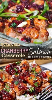 Sweet-tart cranberry balsamic glaze meets flaky salmon in this easy one-dish casserole baked over fluffy basmati rice. Naturally gluten- and dairy-free, weeknight-simple yet holiday-worthy: perfect for Thanksgiving or Christmas. Full recipe + step photos on the blog. Healthy salmon and rice casserole with cranberry balsamic glaze, gluten free dairy free dinner, holiday dinner ideas.