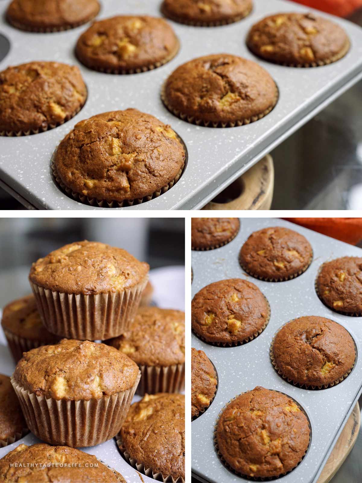 How carrot pinapple muffins look after baking: in the pan with domed tops