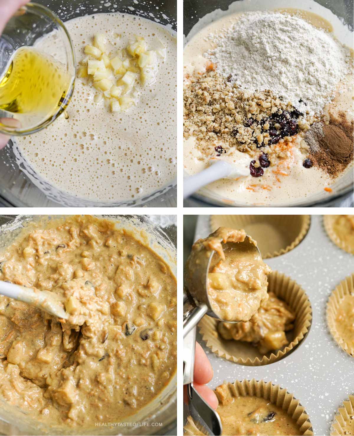 Step by step process pictures (collage) of making the muffin butter, texture and portioning into lined muffin tin