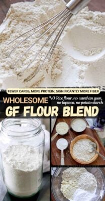 Gluten-free all-purpose flour blend from scratch - no xanthan gum, no rice flour, no tapioca, and no potato starch. Made with nutrient dense whole grains. Great for baking, cakes, cookies, muffins, pancakes, and even bread. Save this easy GF flour mix recipe!