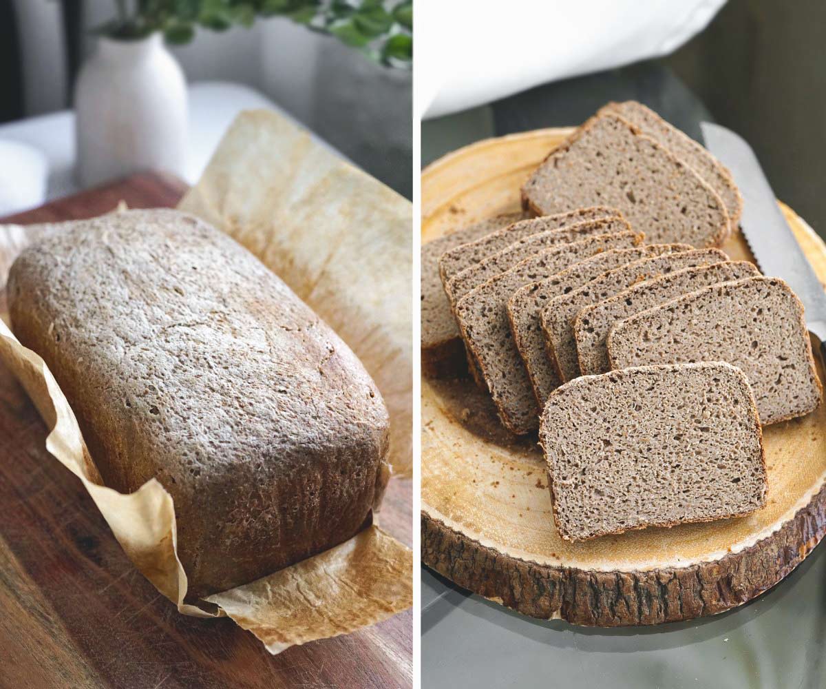 Baked and cooled gluten free sourdough bread loaf (dark hearty), on left whole and right sliced showing crumb inside.