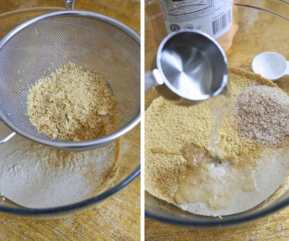 Mixing in a bowl the sourdough starter with ground flax seeds, psyllium and water