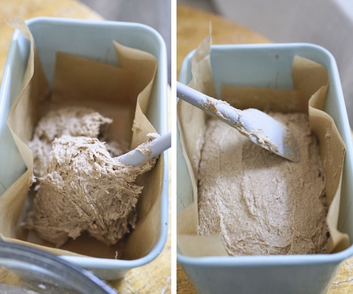 Transfering the dough in the pan and smoothing the surface before proofing.