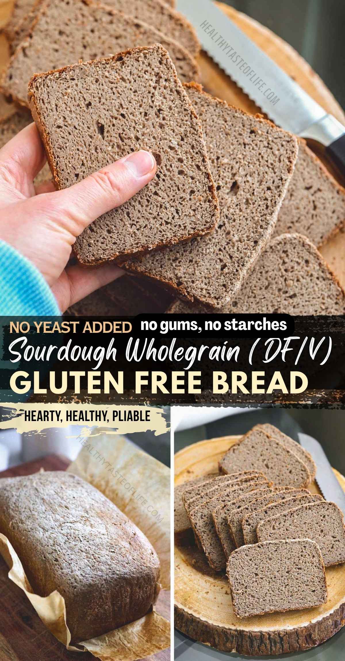 This easy gluten free sourdough bread is made with just 3 flours: buckwheat, sorghum, and green banana flour. It bakes into a dark, hearty loaf with a mild pumpernickel-like flavor, slight tang, and sturdy texture that slices thinly, freezes well, and toasts beautifully. A simple gluten free sourdough bread recipe with starter, no complicated flour blend, and perfect for savory toppings like avocado, smoked salmon, or sardines.