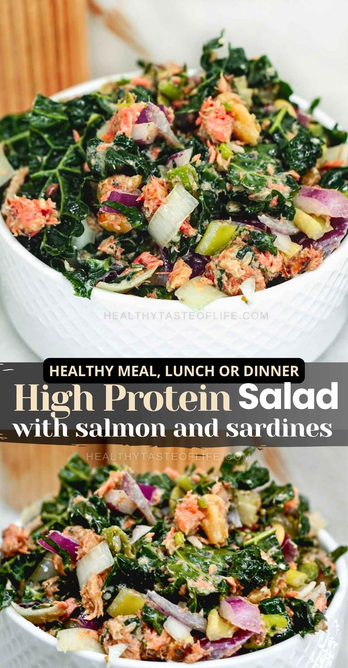 Easy healthy high protein salad with salmon and sardines (no mayo) omega-3 rich fish, fresh greens, seeds, and a lemon tahini dressing. A quick, healthy, low-carb dairy-free meal (lunch or dinner) that’s satisfying and balanced.