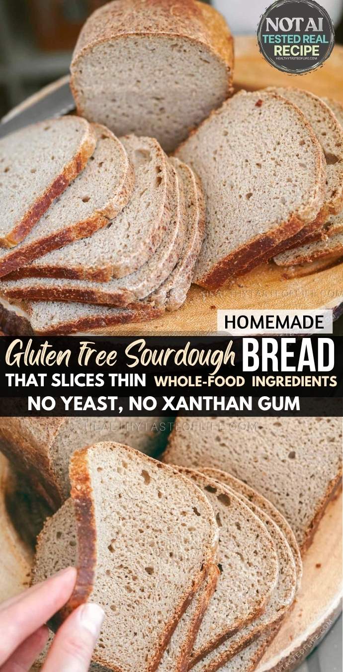 This gluten-free sourdough bread has everything: clean ingredients, no gums, no commercial yeast, a mild sourdough flavor, and a sturdy crumb that slices thin without falling apart. Perfect for toast, sandwiches, and meal prep. An easy homemade recipe using whole-food flours and an active gluten-free sourdough starter.