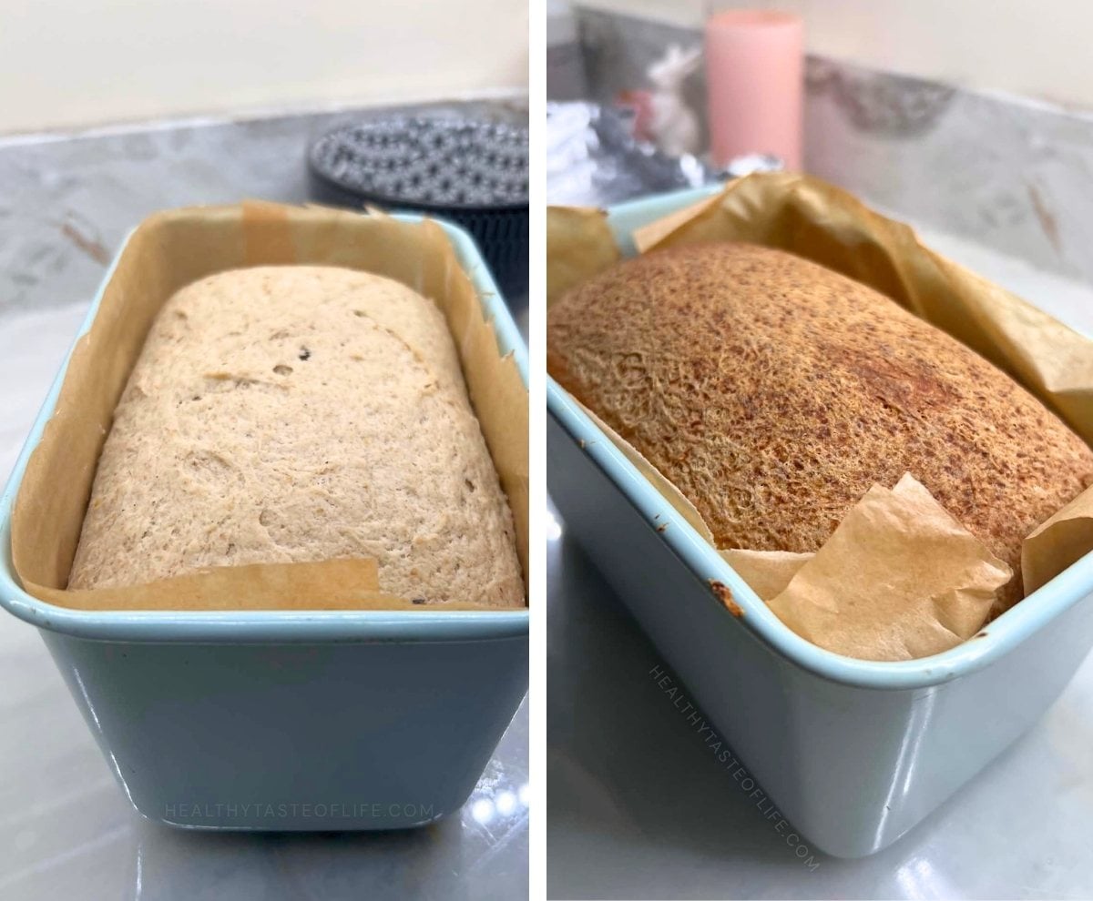 Gluten-free sourdough dough bread in loaf pan before baking and after