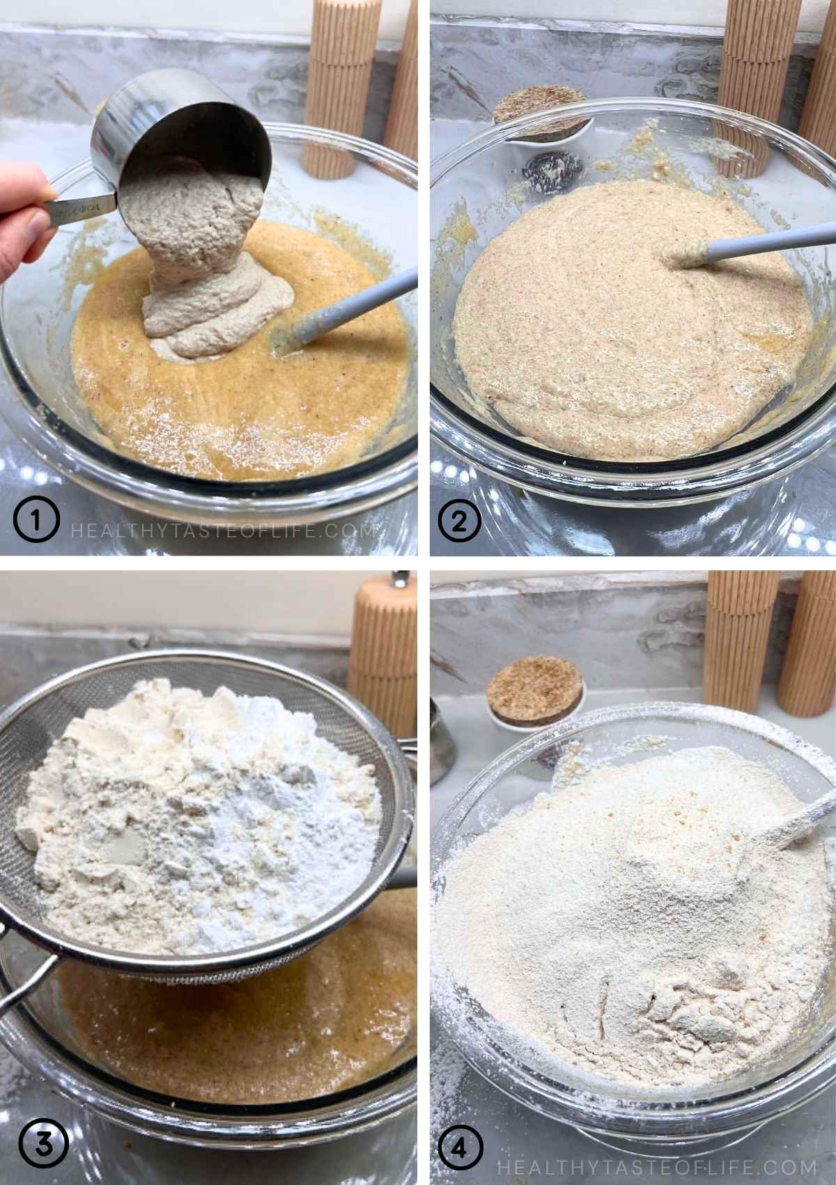 Mixing in the sourdough starter and flours for gluten-free sourdough bread .