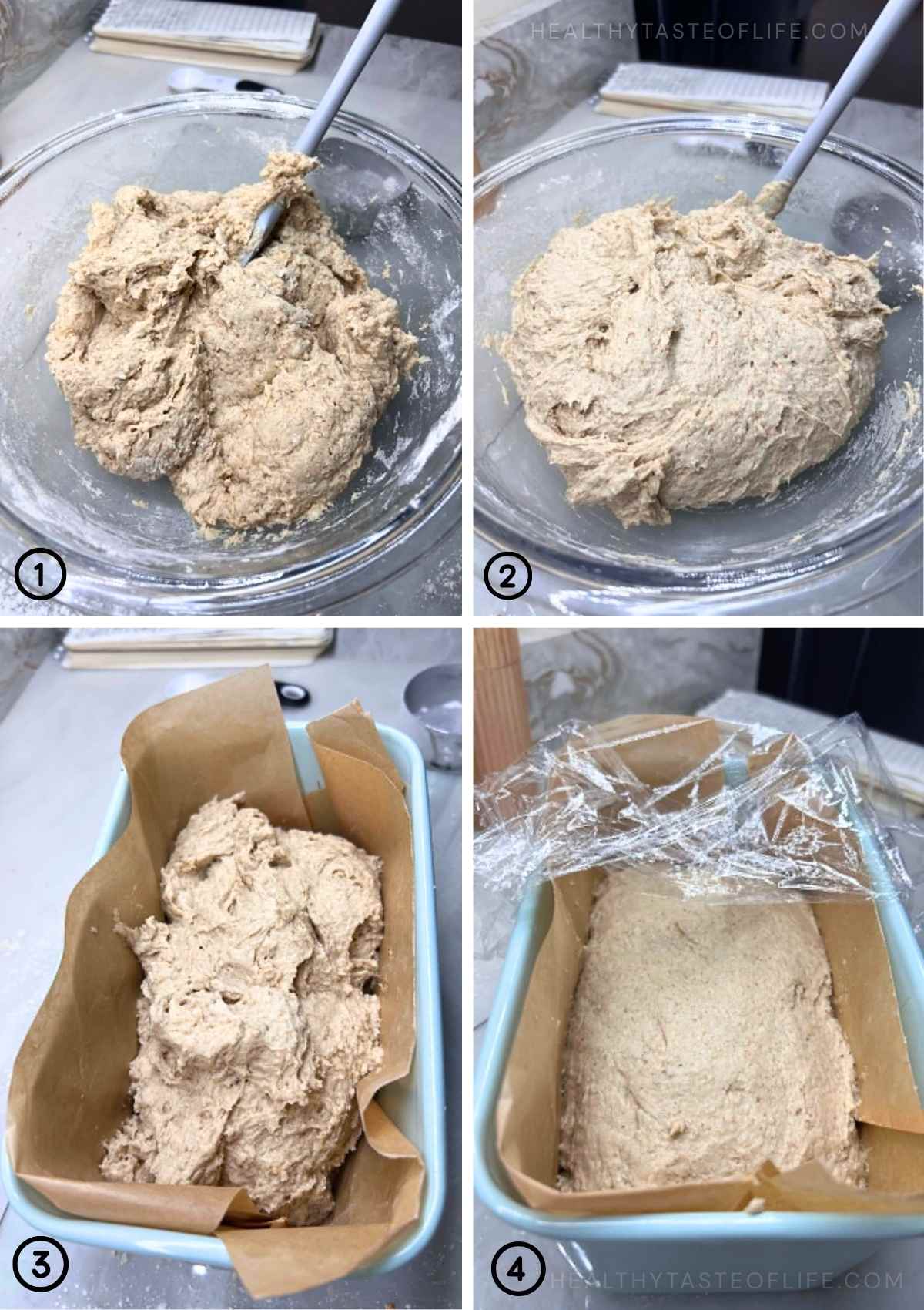 Mixing the dough before baking the gluten free sourdoogh bread, showing batter in the pan
