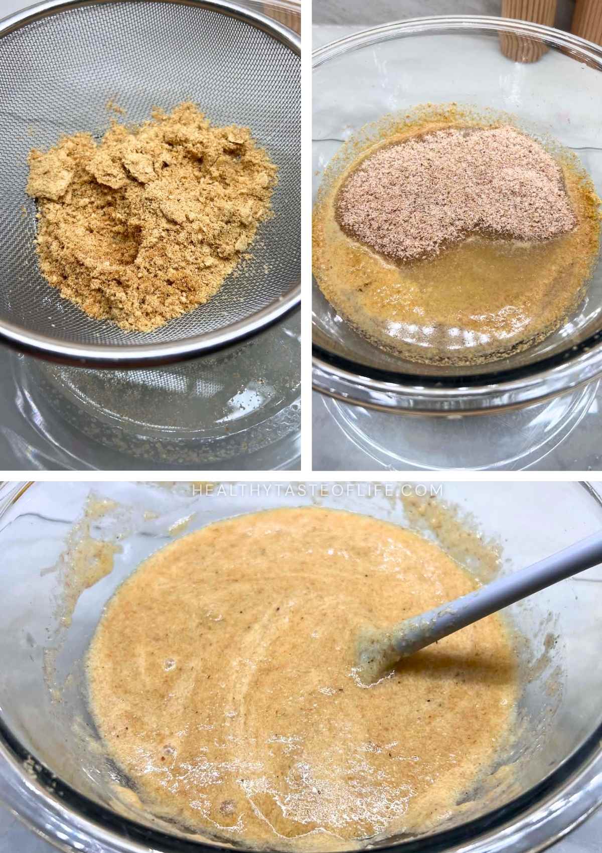 Psyllium flax gel mixture and wet ingredients in a bowl for gluten-free sourdough bread