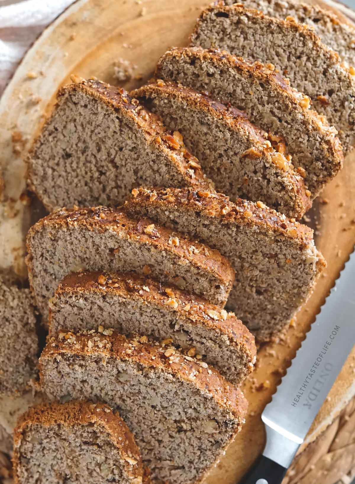 Eggless gluten free sourdough banana bread sliced showing soft, moist and tender crumb