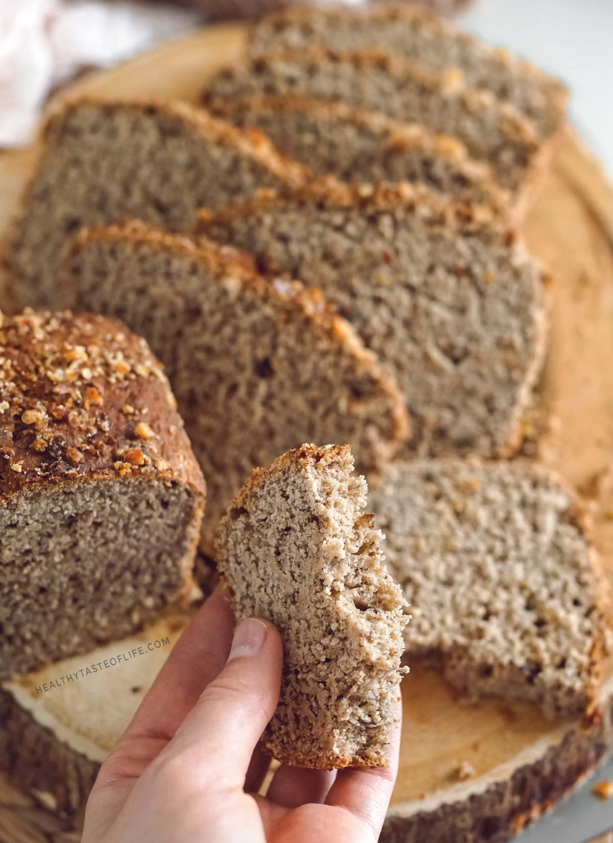 Classic gluten free sourdough banana bread with discard no gums showing half of slice close up