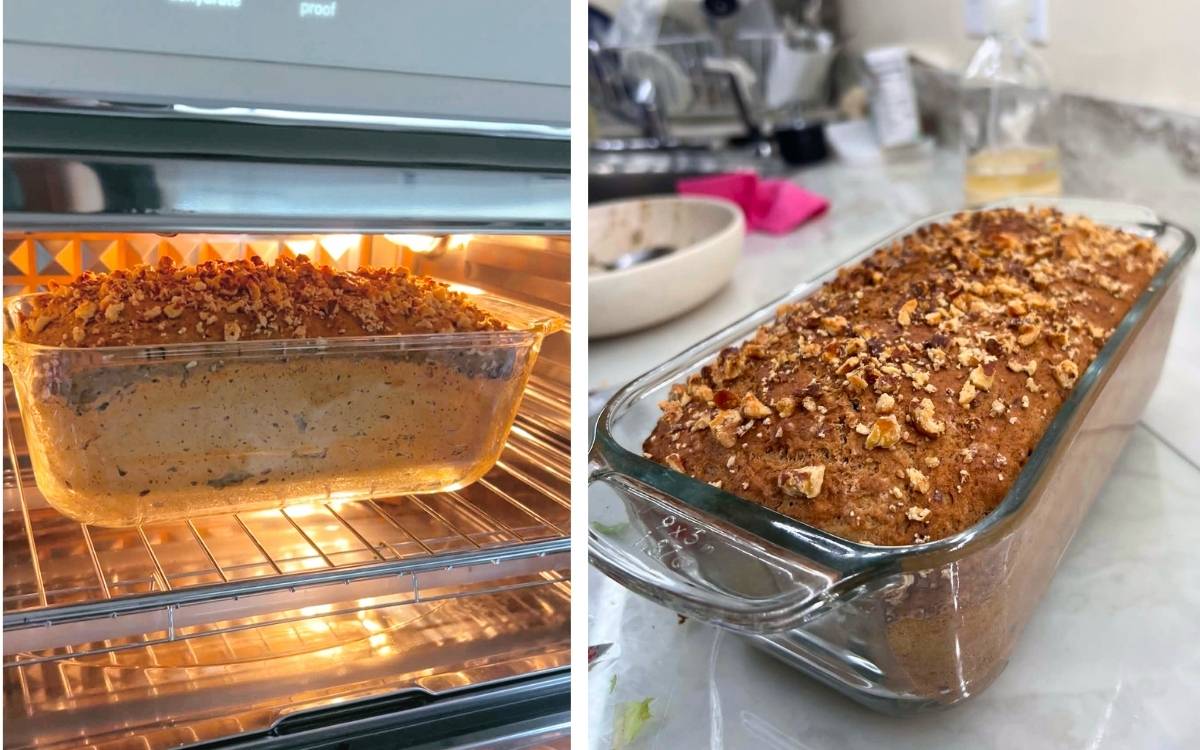 Baking the gluten free sourdough banana bread in the oven and the end result