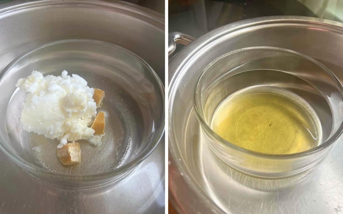 Beef tallow and beeswax melting in a double boiler and the results of  melted tallow and beeswax mixture before adding rosehip oil.