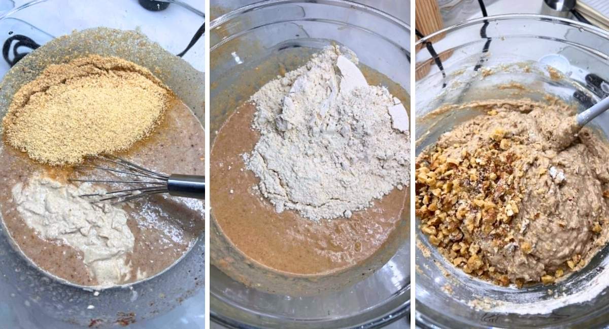 Showing the mixing of banana bread batter by adding the gluten free flour, milled flax and walnuts that form a thick, semi-pourable batter consistency