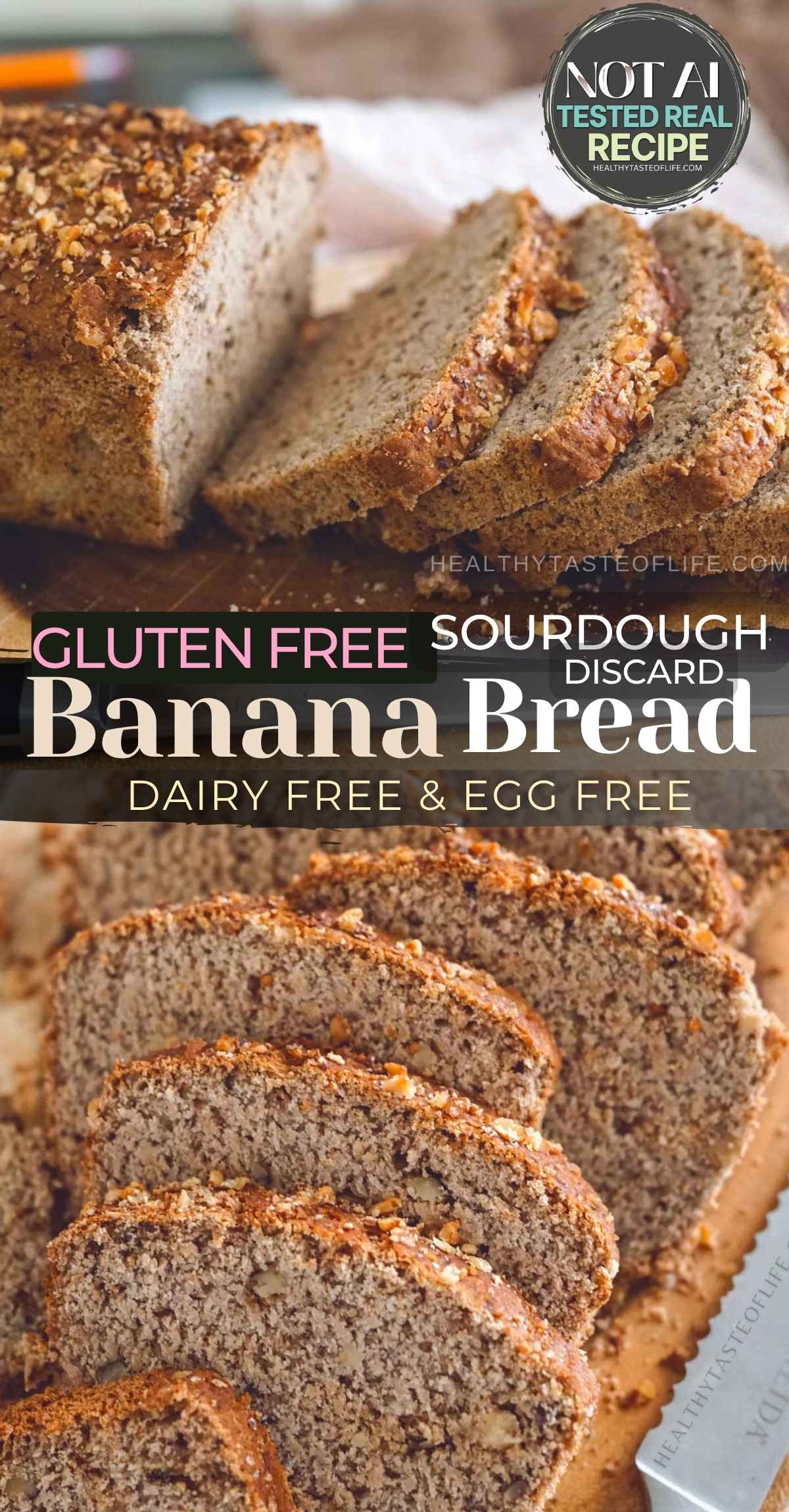 This gluten free sourdough banana bread is soft, moist and tender with a cake-like crumb. Made with sourdough discard or active starter, dairy-free yogurt, flax and psyllium husk, it’s an easy eggless banana bread with no xanthan gum. Make it as a quick sourdough banana bread or let it naturally ferment. Add walnuts or dairy-free chocolate chips for an easy breakfast, snack or gluten free baking recipe.