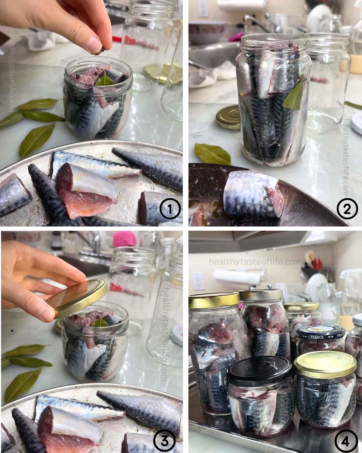 Images showing how to place into jars the prepared mackerel pieces